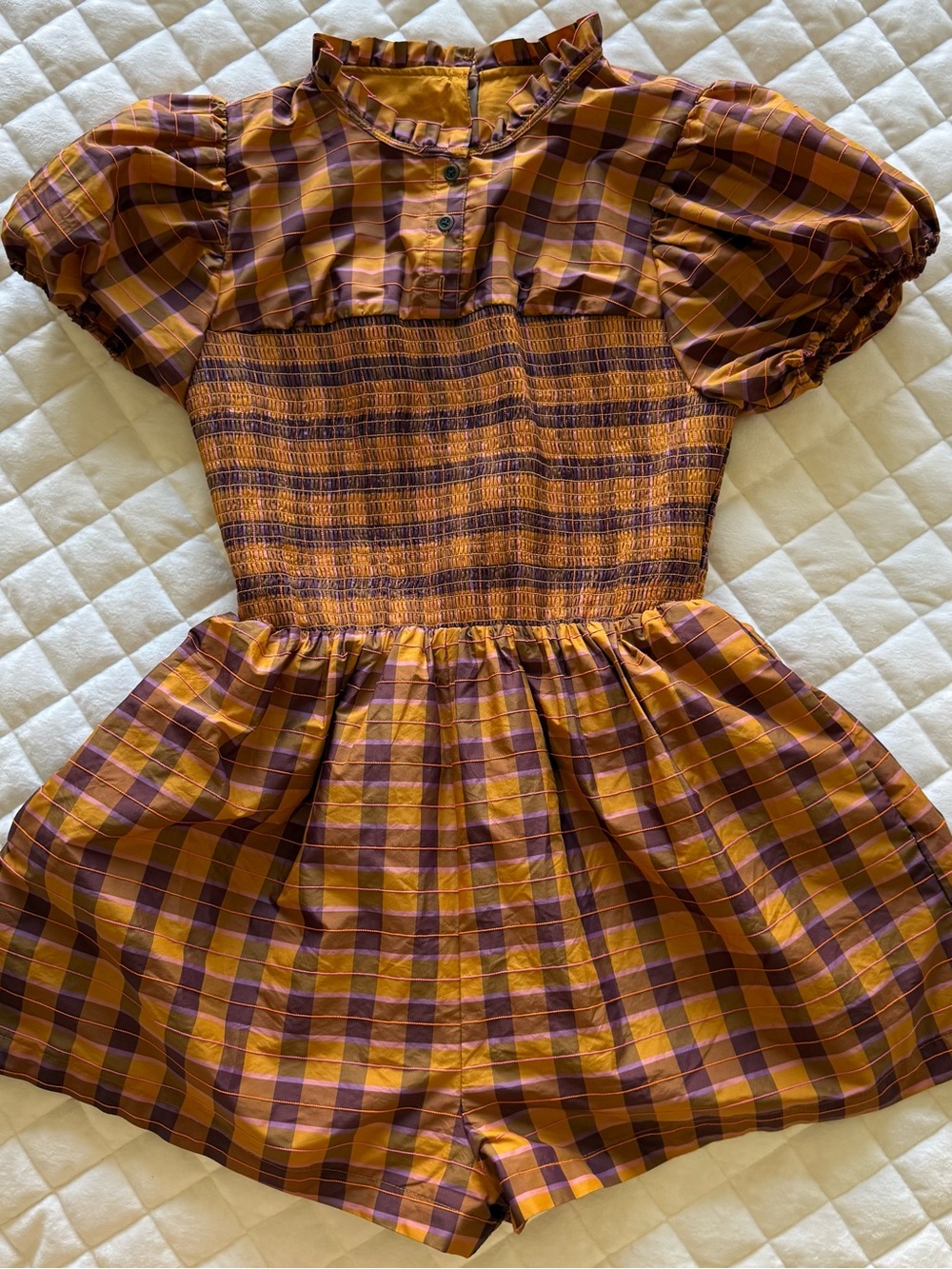 Anthropologie Maeve Puff-Sleeve Smocked Plaid Romper - Size Medium - Picture 7 of 15